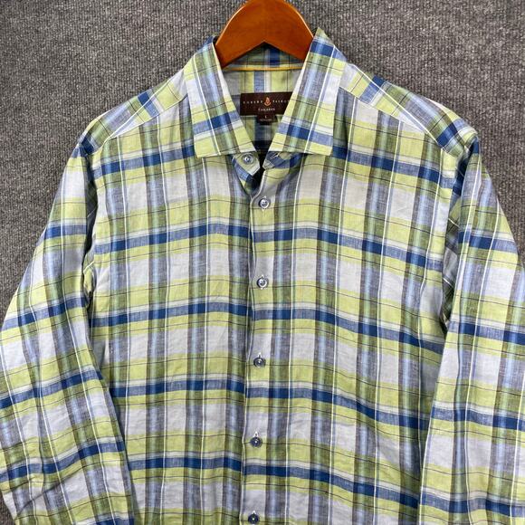 Robert Talbott Tailored Button Up 100% Linen Shirt Men's Large Blue/Green Plaid - Picture 2 of 9